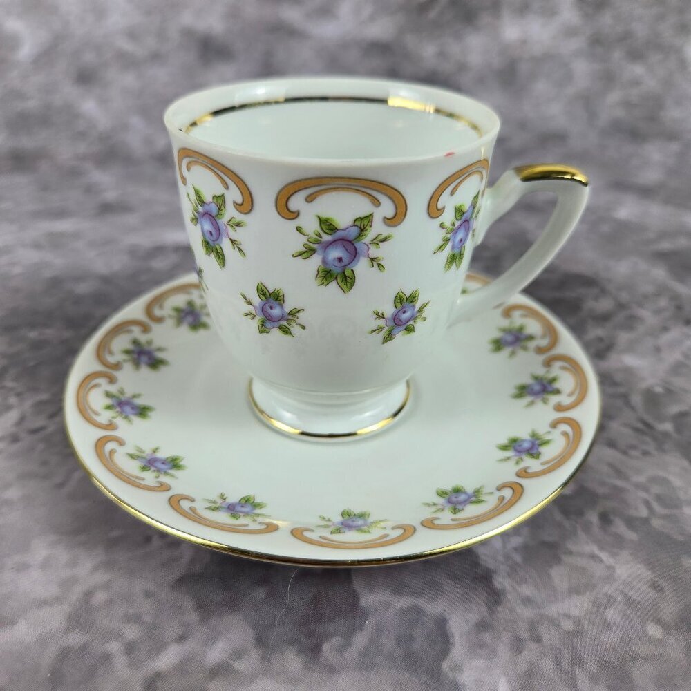Vintage Tirschenreuth Bavaria Demitasse Cup & Saucer Purple Floral Gold Accents
